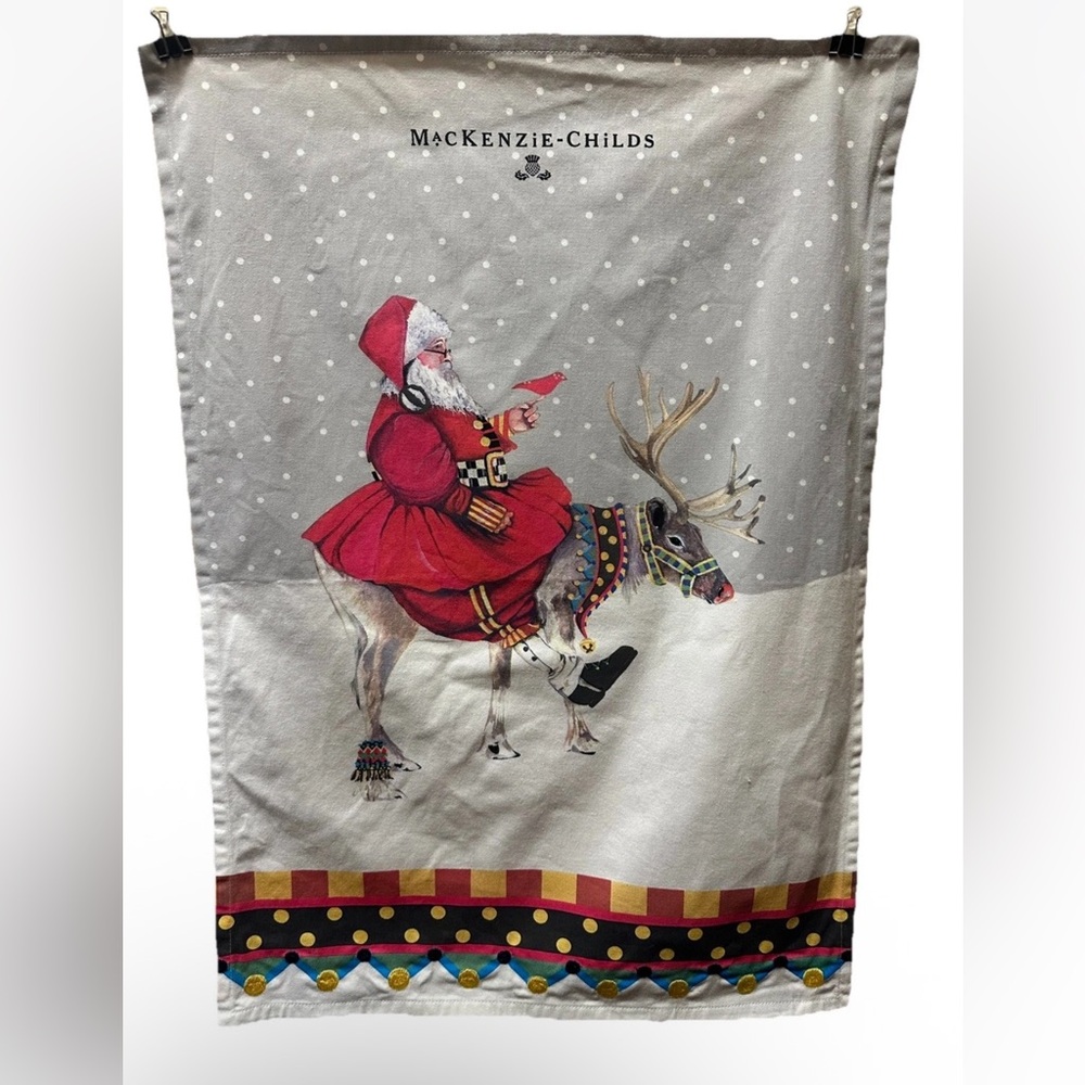 RETIRED MACKENZIE-CHILDS COURTLY CHECK OLDE TIME SANTA CHRISTMAS TOWEL preowned
